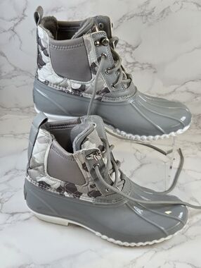 Women's Grey Quilted Duck Boot Lace-Up Ankle Boots(B15)